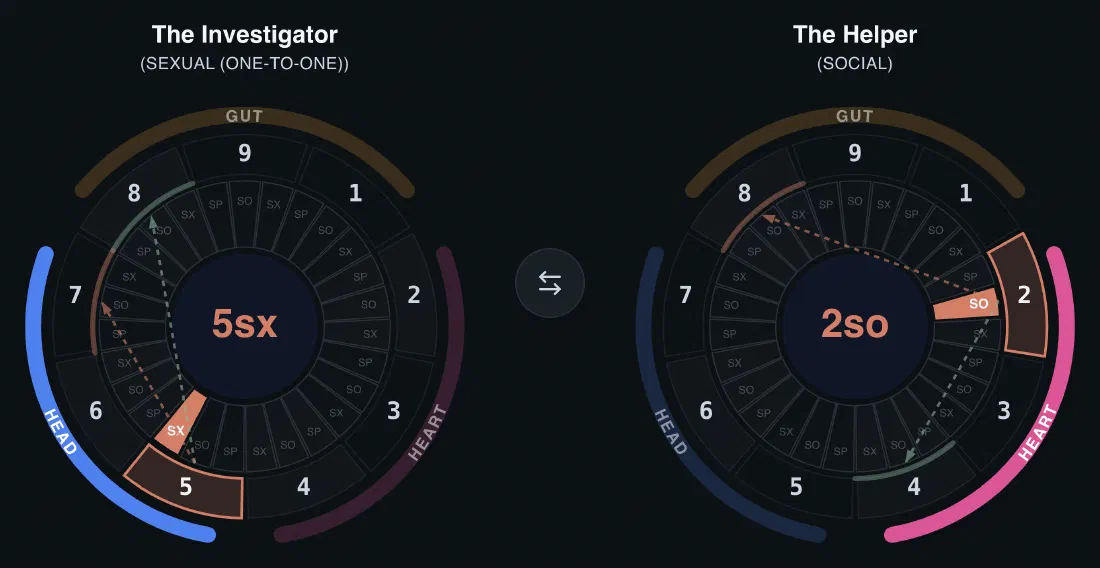 Two Enneagram wheels side by side in Quick Type. On the left, the Investigator, a Five with a sexual (one-to-one) subtype, labelled 5sx; on the right, the Helper, a Two with a social subtype, labelled 2so. Each wheel highlights that type&rsquo;s subtype segment and traces its lines to two other points.