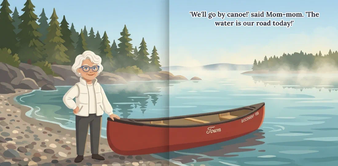 An illustrated two-page spread: a white-haired grandmother in glasses and a white vest stands on a pebbled lakeshore with her hand on a red canoe, mist rising off the water behind her, under the words &ldquo;&lsquo;We&rsquo;ll go by canoe!&rsquo; said Mom-mom. &lsquo;The water is our road today!&rsquo;&rdquo;